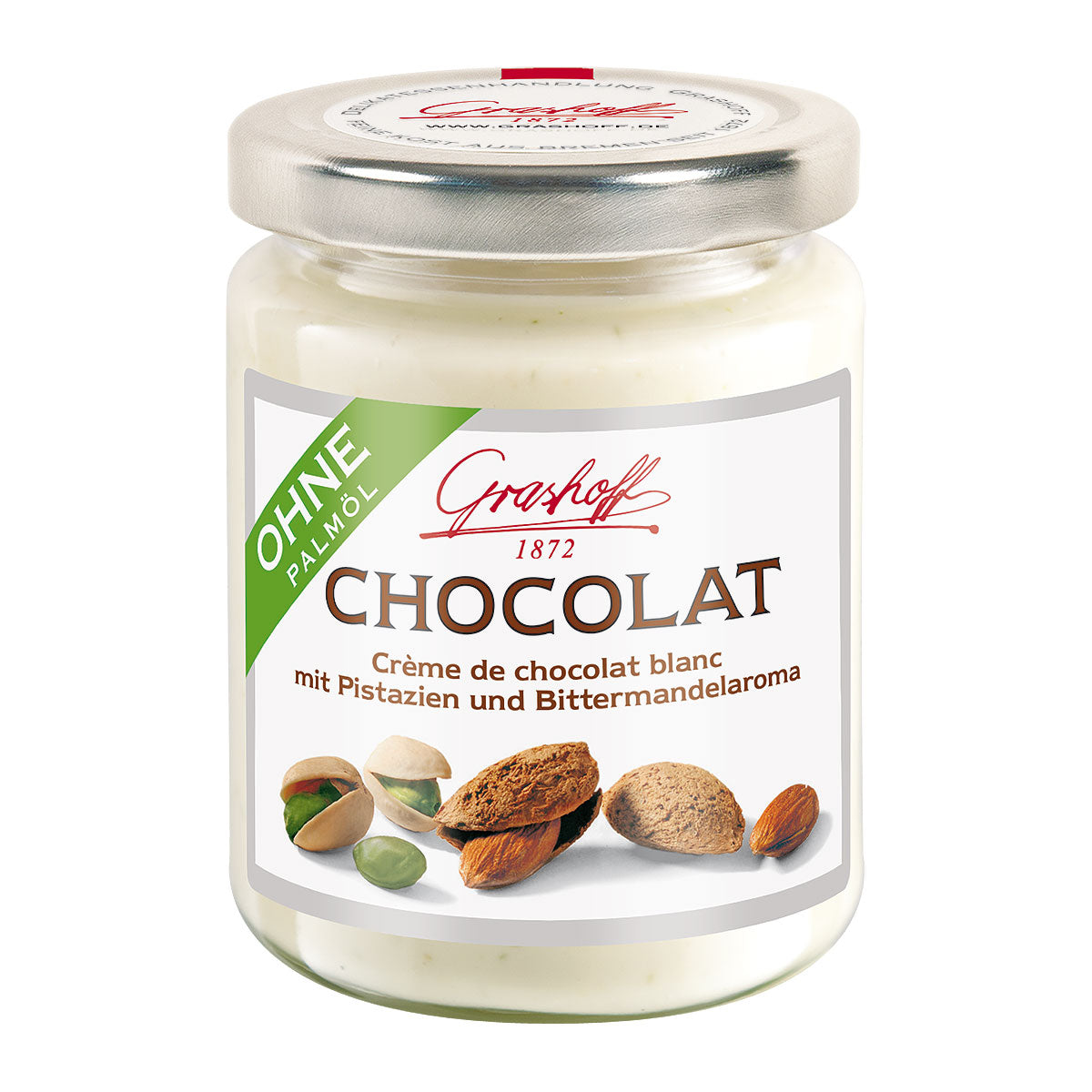 Glas mit weißer Chocolat von Grashoff mit Pistazien und Bittermandelaroma