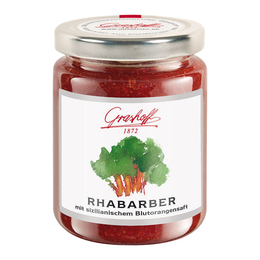 Rhabarberkonfitüre mit sizilianischem Blutorangensaft Konfitürenglas