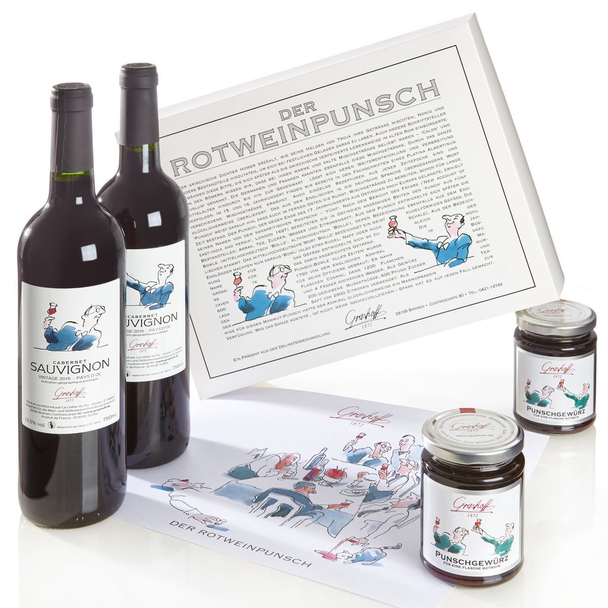 Das Präsent Rotweinpunsch Flaschen und Gläser