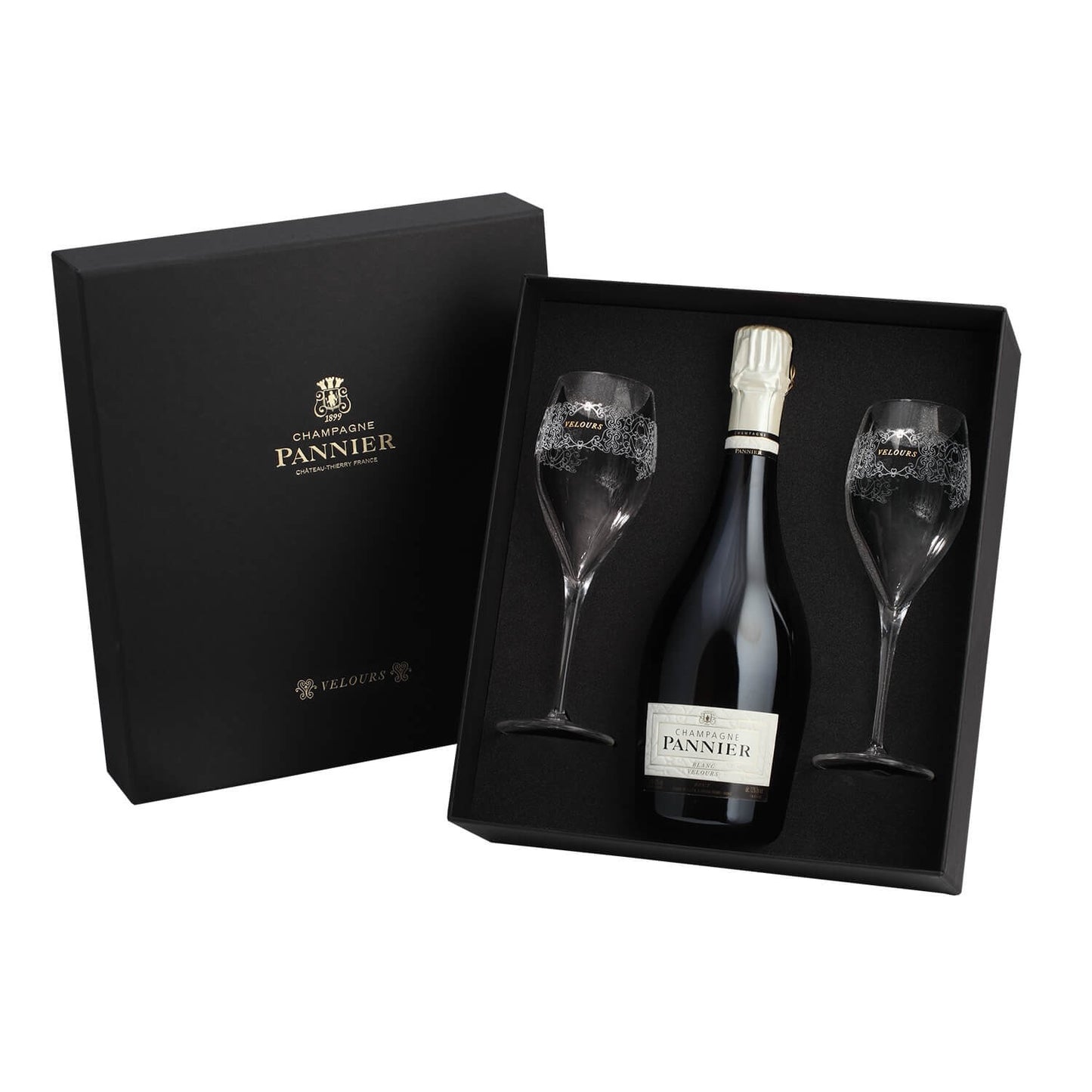 Flasche Champagner im Geschenkkarton mit 2 Gläsern