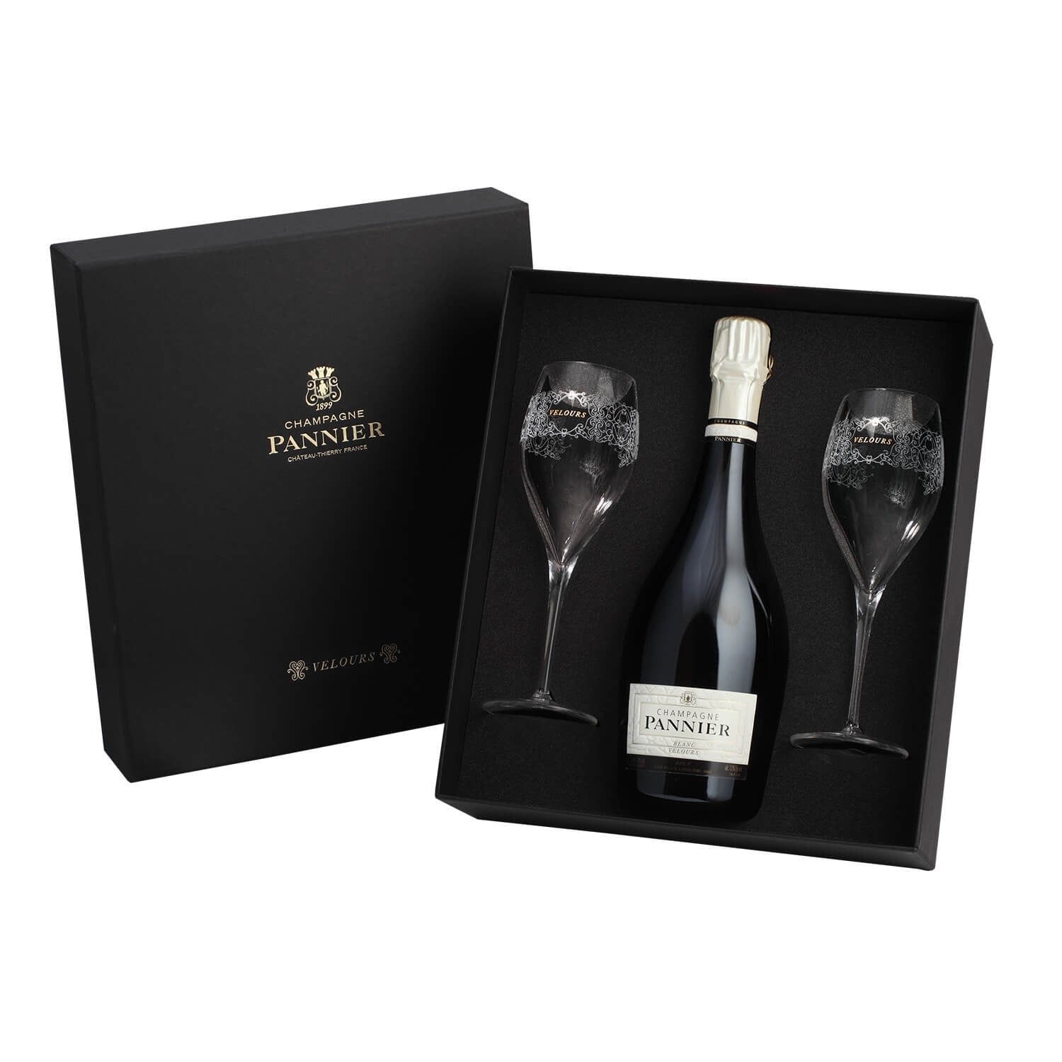 Flasche Champagner im Geschenkkarton mit 2 Gläsern