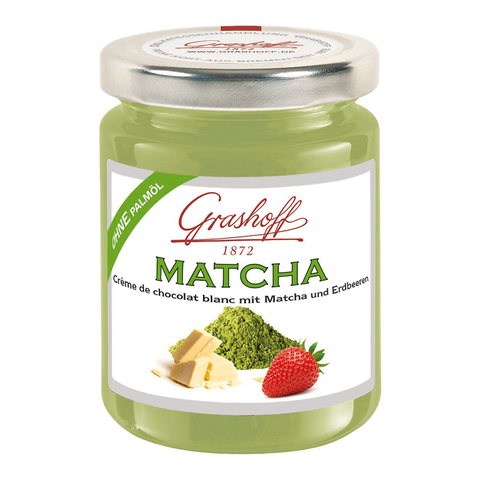 Weiße Schokoladencreme mit Matcha und Erdbeere von Grashoff im Glas