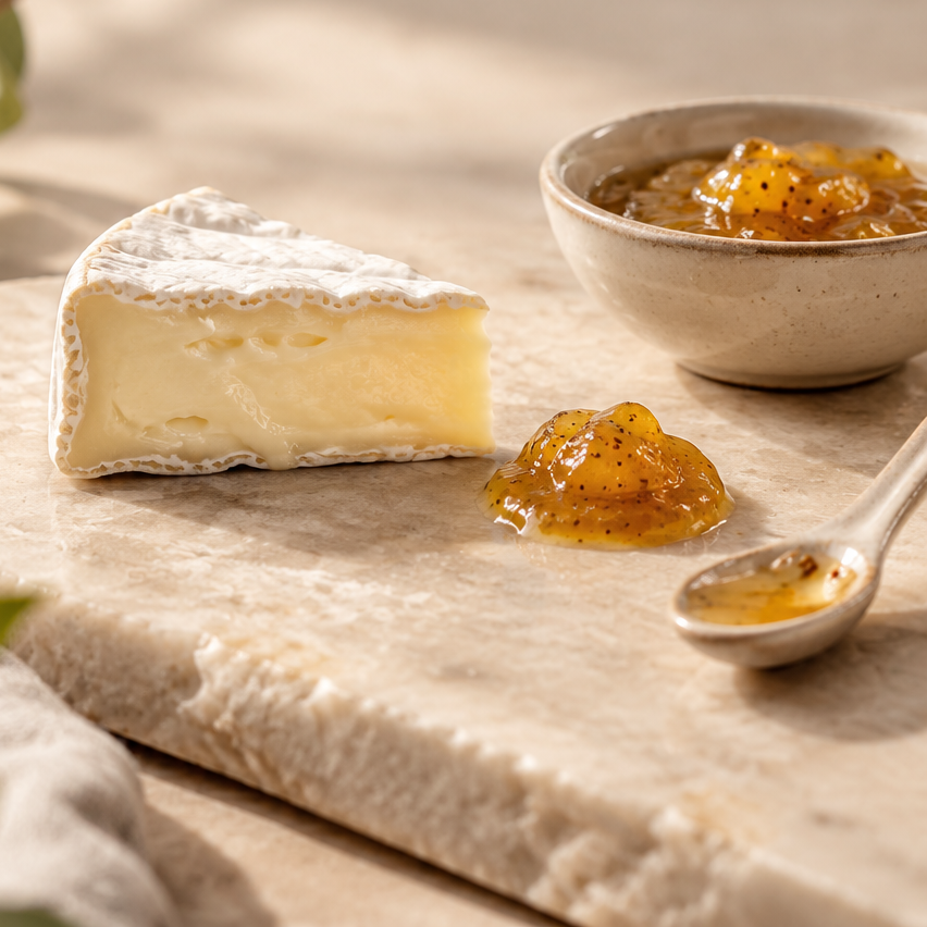 Weichkäse mit weißer Rinde und einem Tupfer Feigensenf auf einer hellen Steinplatte, daneben eine Schale mit Fruchtsenf und ein Löffel.