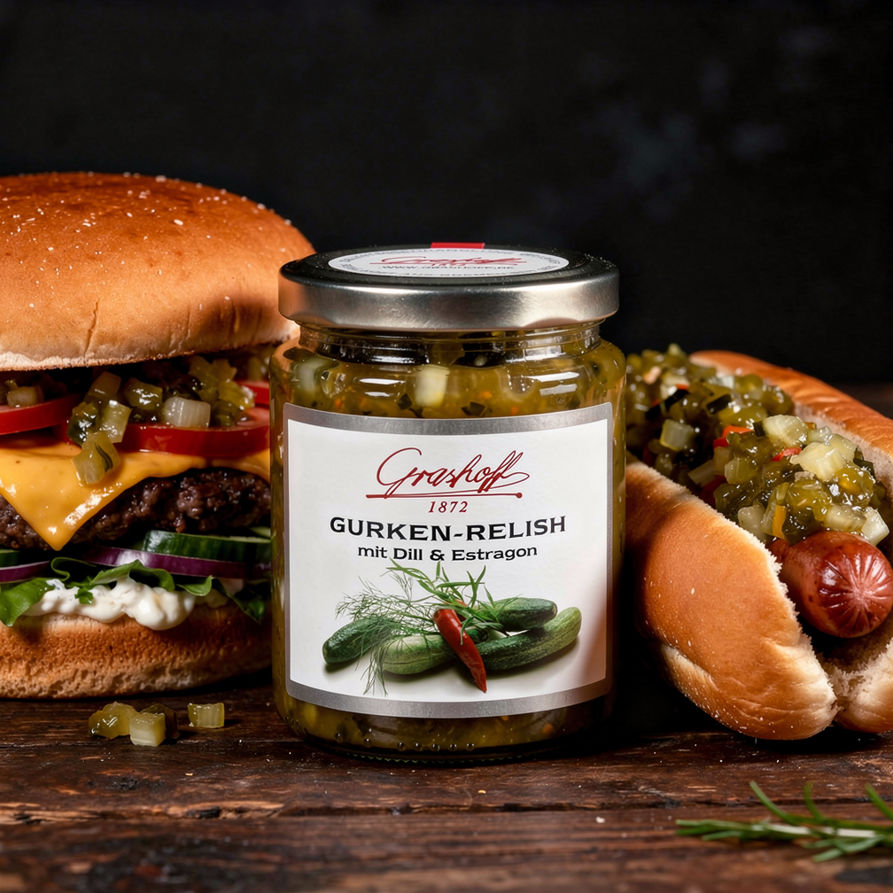 Ein Glas Gurken-Relish von Grashoff zwischen einem Burger und einem Hot Dog.