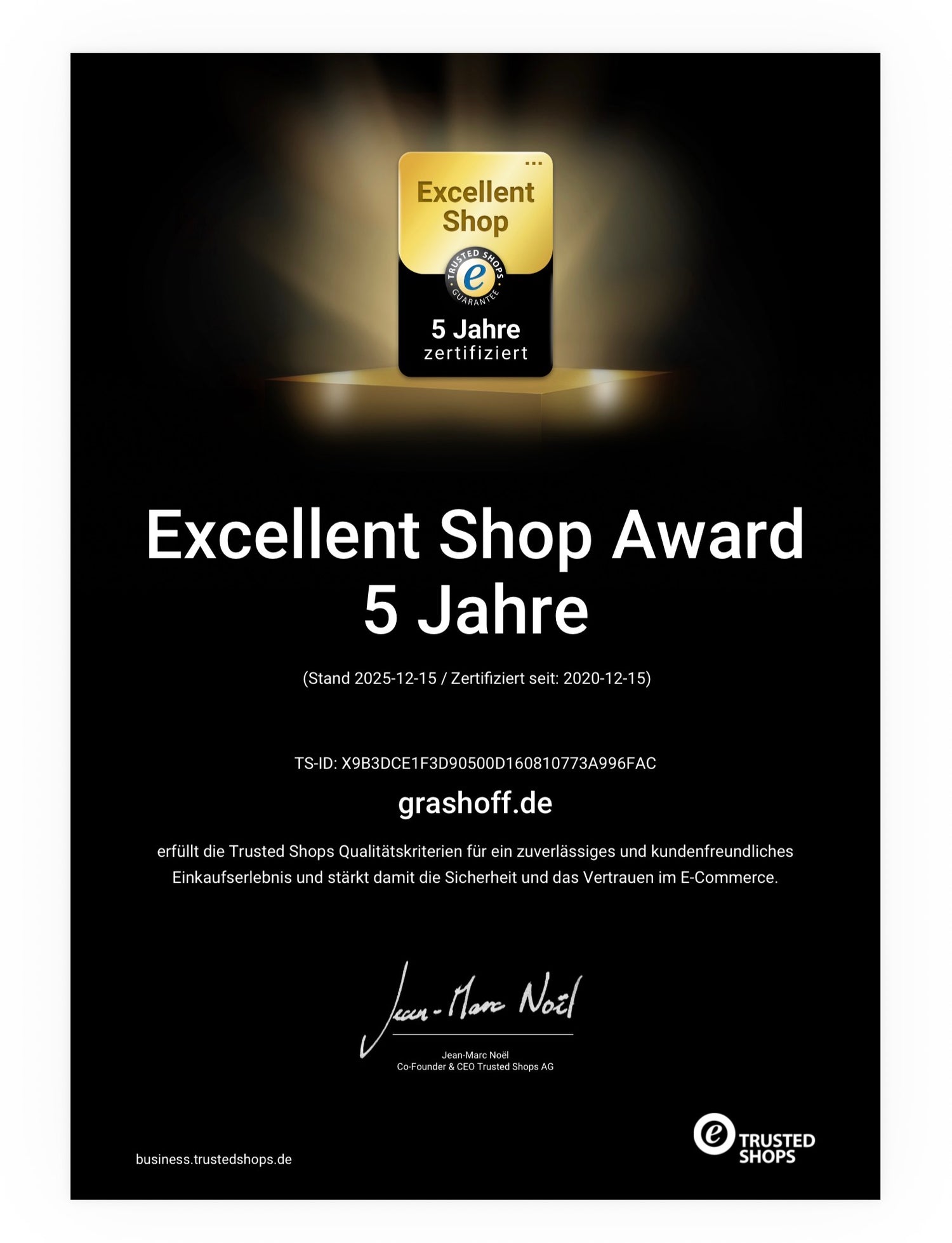 Urkunde Exellent Shop Award 5 Jahre